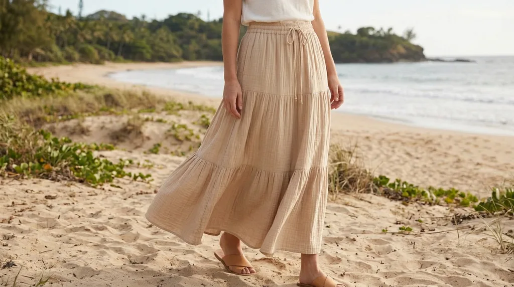 A Cool Cotton organic cotton skirt worn on a beach